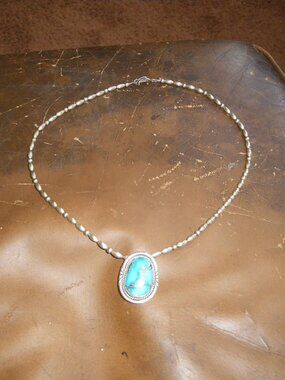Vintage Women’s Sterling Silver Beaded Necklace w/ Turquoise Pendant